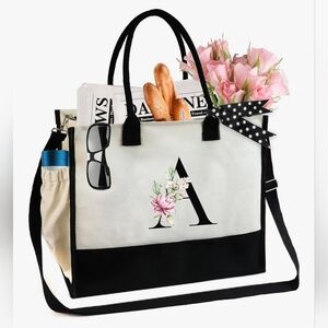 Monogrammed Floral Letter -A- Canvas Tote Bag Zipper Pocket Side Pouch Gift NWT